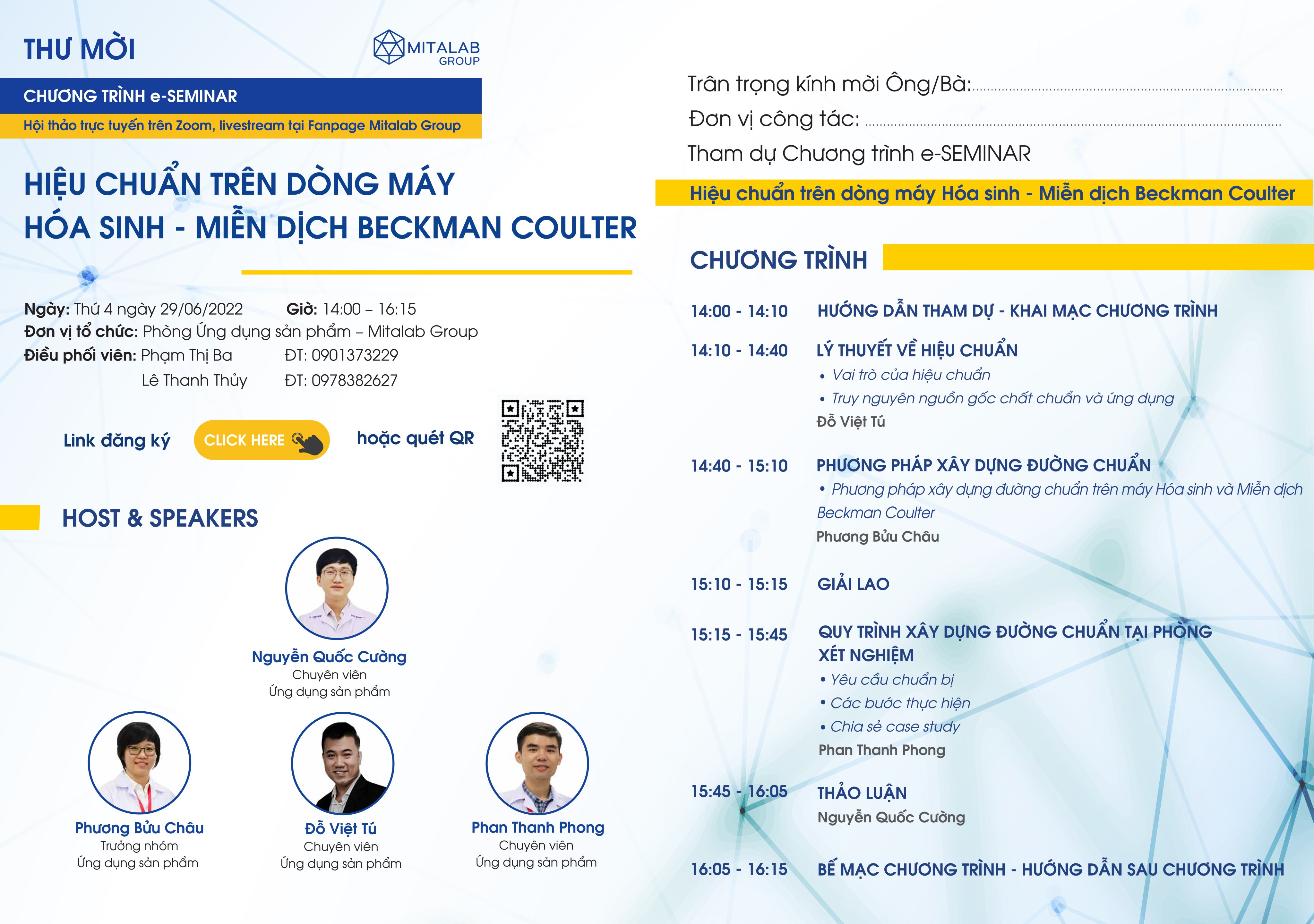 THƯ MỜI THAM DỰ HỘI THẢO TRỰC TUYẾN: “HIỆU CHUẨN TRÊN DÒNG MÁY SINH HÓA – MIỄN DỊCH BECKMAN COULTER” CỦA MITALAB